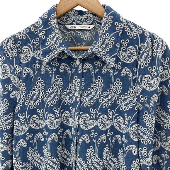 Zara Blue Paisley Floral Embroidered Shirt Dress Cutwork Embroidery Size Small - Picture 4 of 15